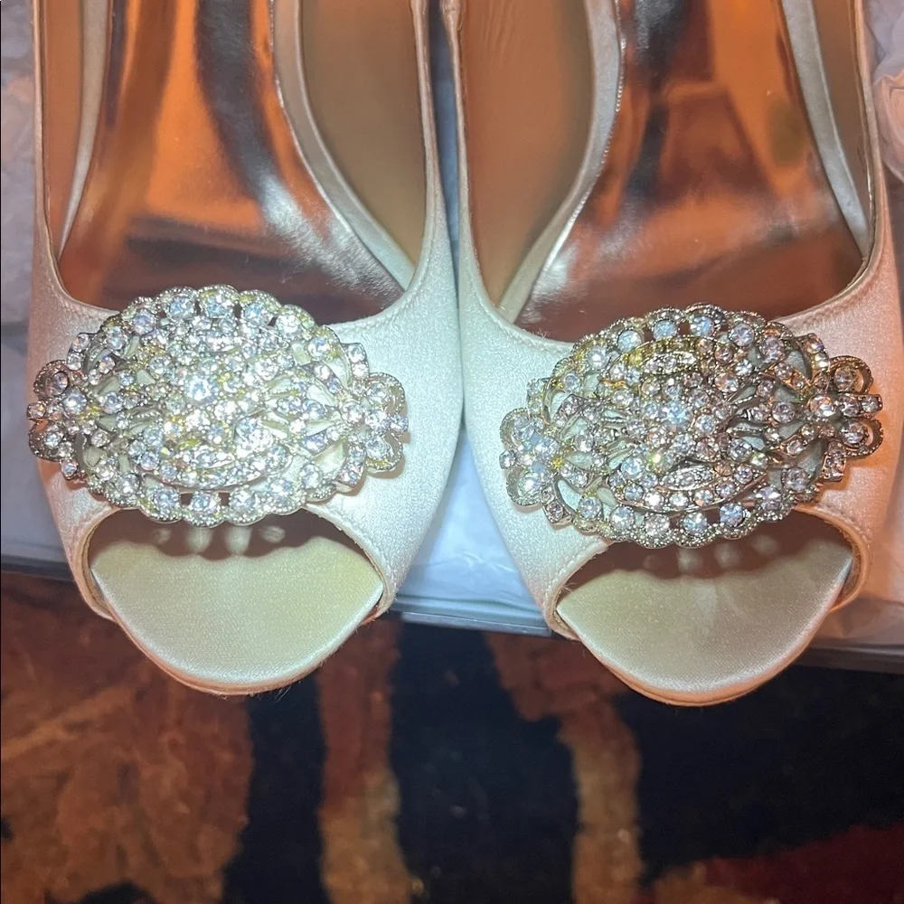 Badgley Mischka Women’s Goodie Vansat Champagne Satin Shoes Heels Size 7.5